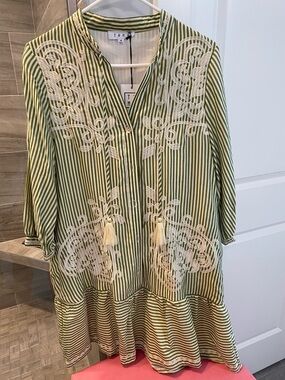 THML Olive Green and White Striped Embroidered Tunic Dress, flattering style!